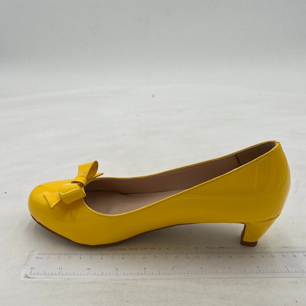 YDN Yellow Round Toe Pumps Low Heels Shoes with Bowknot for Work Office Ladies